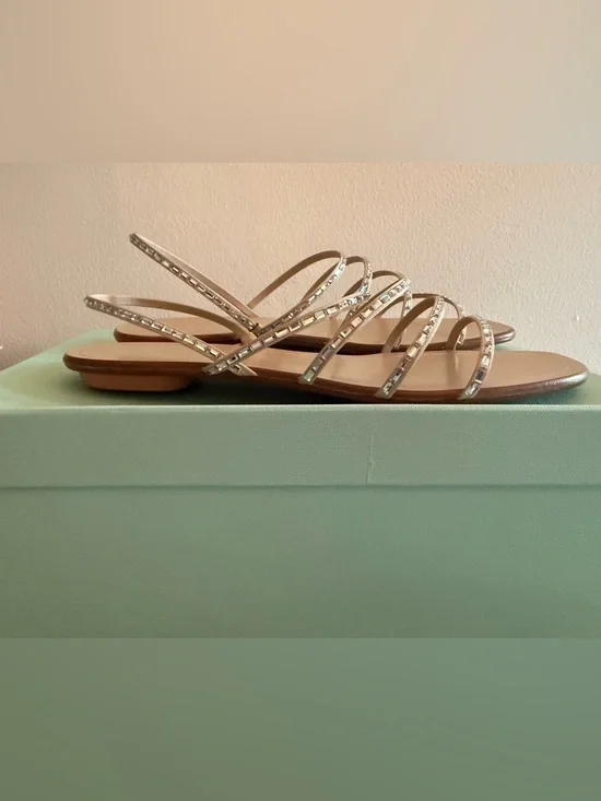 Aquazzura Tan Crystal-Strap Square Toe Flat Sandals - Picture 7 of 10